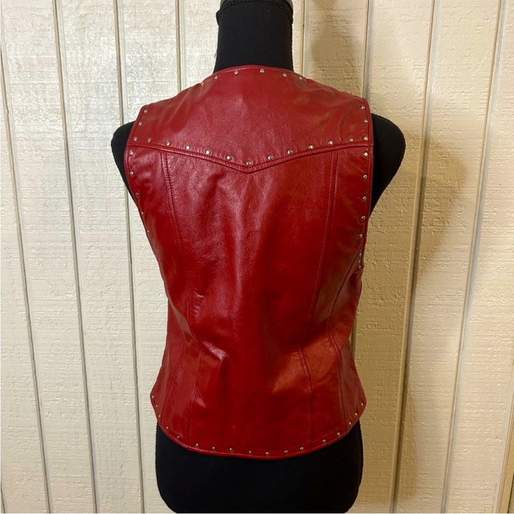 HARLEY-DAVIDSON | Red Genuine Leather Moto Studded Zip Up Women’s Vest Sz Large - Picture 12 of 15